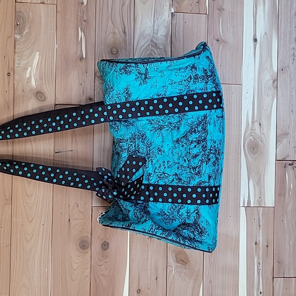 Vivary Quilted Cyclinder Travel Bag, French & Polka Dots, Teal & Brown